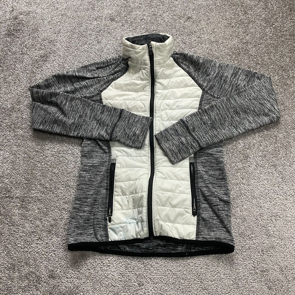 Eddie Bauer Prima Loft Hoodie Jacket Women XS White Gray Full Zip Thumbhole Hike